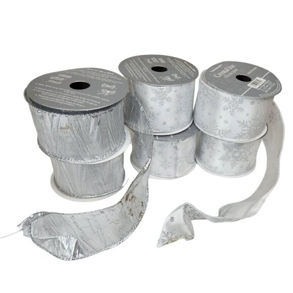 Trim Merry Crystal Ice Ribbon Collection Wire-Edged Set Of 6 Rolls Silver Glitte - Picture 1 of 8